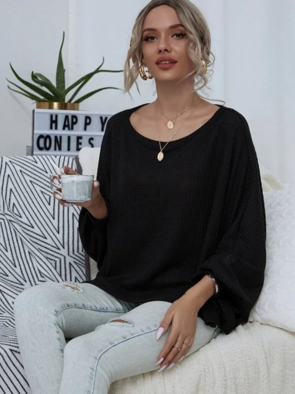 SHEIN ✦ Long Sleeve Top ✦ Black Waffle Knit Off‑Shoulder Batwing Sleeves XS NWT - Picture 3 of 13